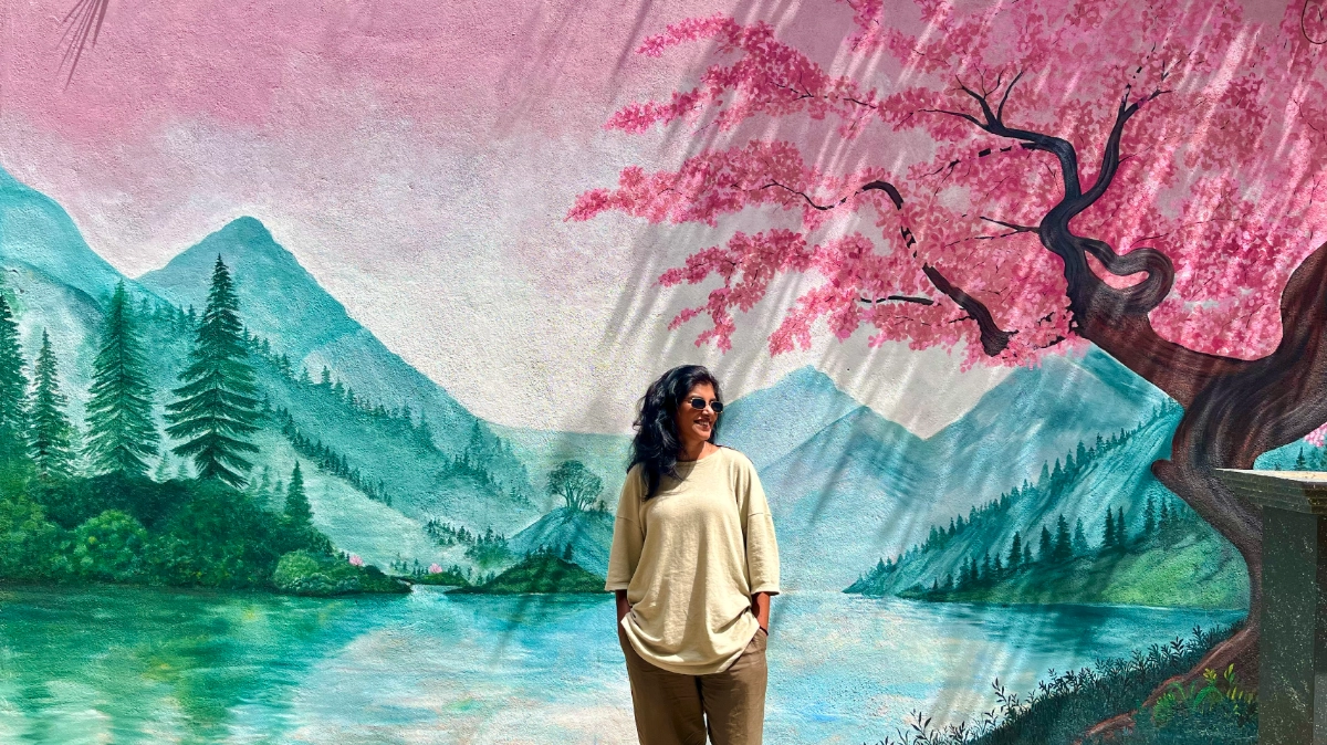 Cherry Blossom Mountain Landscape Mural - Scenic Wall Art Colombo