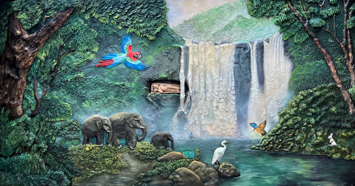 Elephant and Waterfall Nature Mural - Custom Wildlife Wall Painting Sri Lanka