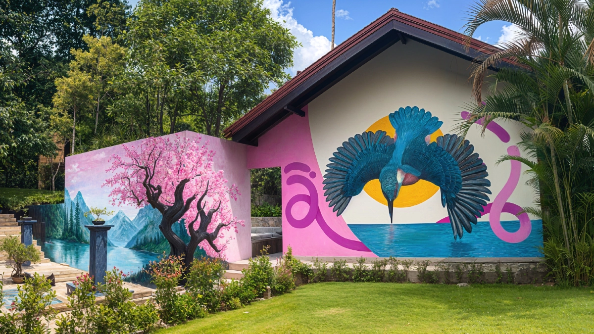 Kingfisher Mural with Cherry Blossoms - Professional Nature Wall Art Taibah